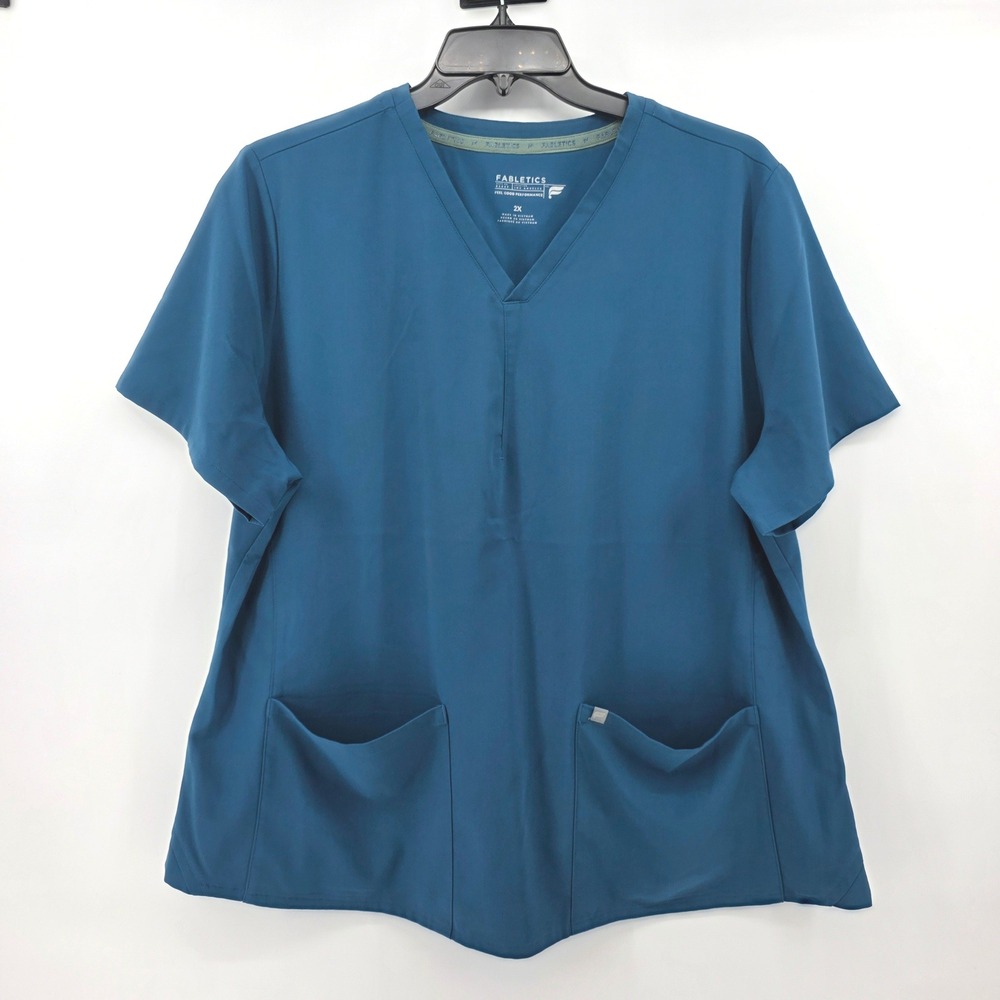 Fabletics Womens 2X Scrub Top Teal Blue V-Neck Short Sleeve Performance Pockets